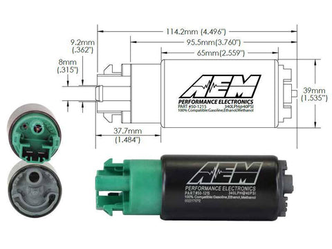 AEM E85-Compatible High Flow In-Tank Fuel Pump - 340LPH (65mm w/ Hooks) (50-1215)