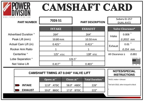 GSC Power-Division S1 Camshafts | 2008-2021 Subaru STI (7026S1)