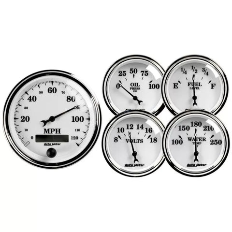 Autometer 3-3/8" & 2-1/16" Electric Speedometer 5-Piece Gauge Kit Old Tyme White II | Universal (1200)