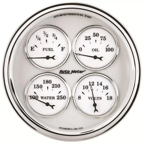 Autometer 5" 100 PSI/100-250 °F/8-18V/240-33 Ω Quad Gauge Old Tyme White II | Universal (1210)