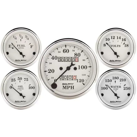 Autometer 3-1/8" & 2-1/16" Mechanical Speedometer 5-Piece Gauge Kit Old Tyme White | Universal (1601)
