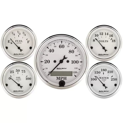Autometer 3-1/8" & 2-1/16" Electric Speedometer 5-Piece Gauge Kit Old Tyme White | Universal (1602)