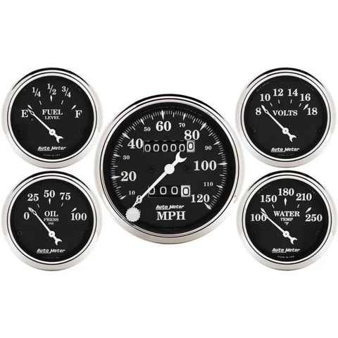 Autometer 3-1/8" & 2-1/16" Mechanical Speedometer 5-Piece Gauge Kit Old Tyme Black | Universal (1708)