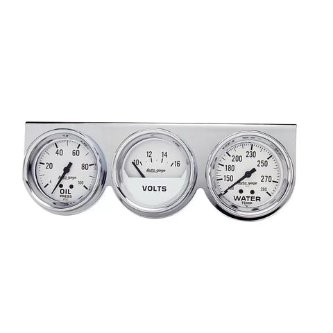 Autometer 2-5/8" 100 PSI/280 °F/16V Oil Pressure / Water Temperature / Volt Meter Gauge Console White Dial w/Chrome Bezel | Universal (2329)