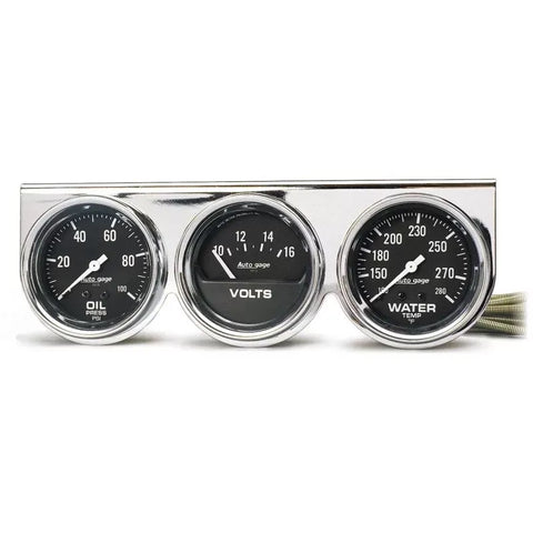 Autometer 2-5/8" 100 PSI/280 °F/16V Oil Pressure / Water Temperature / Volt Meter Gauge Console Black Dial w/Chrome Bezel | Universal (2399)