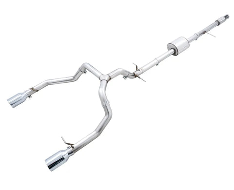AWE 0FG Catback Split Rear Exit Exhaust for 4th Gen Silverado/Sierra 1500 5.3L (Flat Bumper) - Dual Chrome Silver Tips (3015-32205)