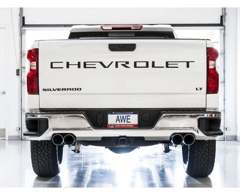 AWE 0FG Catback Split Rear Exit Exhaust for 4th Gen Silverado/Sierra 1500 5.3L (With Bumper Cutouts) - Quad Chrome Silver Tips (3015-42201)
