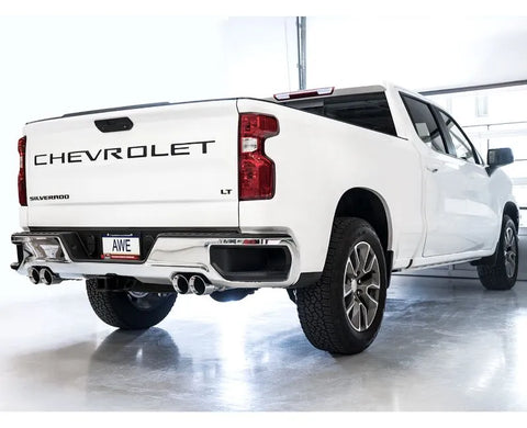 AWE 0FG Catback Split Rear Exit Exhaust for 4th Gen Silverado/Sierra 1500 5.3L (With Bumper Cutouts) - Quad Chrome Silver Tips (3015-42201)