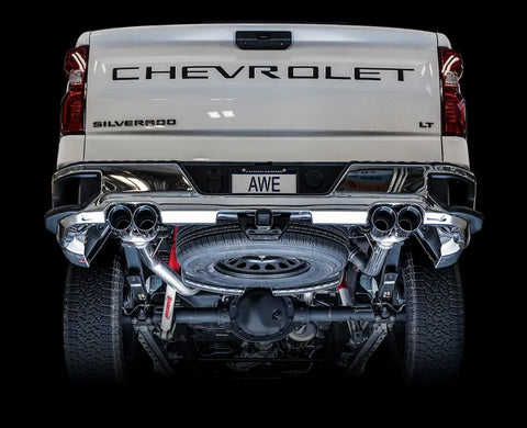 AWE 0FG Catback Split Rear Exit Exhaust for 4th Gen Silverado/Sierra 1500 5.3L (With Bumper Cutouts) - Quad Chrome Silver Tips (3015-42201)