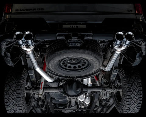 AWE 0FG Catback Split Rear Exit Exhaust for 4th Gen Silverado/Sierra 1500 6.2L (With Bumper Cutouts) - Quad Chrome Silver Tips (3015-42203)