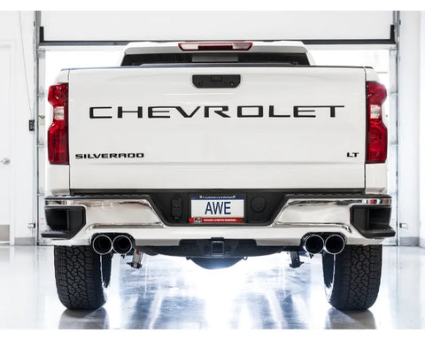 AWE 0FG Catback Split Rear Exit Exhaust for 4th Gen Silverado/Sierra 1500 6.2L (With Bumper Cutouts) - Quad Chrome Silver Tips (3015-42203)