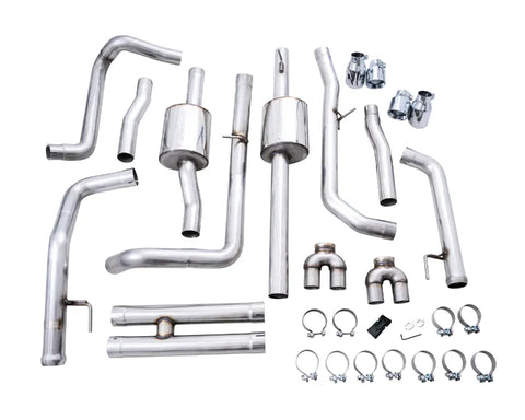 AWE 0FG Catback Split Rear Exit Exhaust for 4th Gen Silverado/Sierra 1500 6.2L (With Bumper Cutouts) - Quad Chrome Silver Tips (3015-42203)