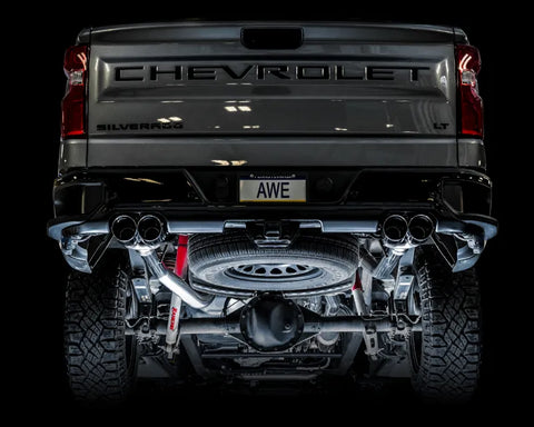 AWE 0FG Catback Split Rear Exit Exhaust for 4th Gen Silverado/Sierra 1500 6.2L (With Bumper Cutouts) - Quad Chrome Silver Tips (3015-42203)