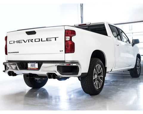 AWE 0FG Catback Split Rear Exit Exhaust for 4th Gen Silverado/Sierra 1500 5.3L (With Bumper Cutouts) - Quad Diamond Black Tips (3015-43202)