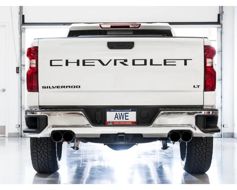 AWE 0FG Catback Split Rear Exit Exhaust for 4th Gen Silverado/Sierra 1500 5.3L (With Bumper Cutouts) - Quad Diamond Black Tips (3015-43202)