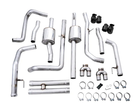 AWE 0FG Catback Split Rear Exit Exhaust for 4th Gen Silverado/Sierra 1500 6.2L (With Bumper Cutouts) - Quad Diamond Black Tips (3015-43204)
