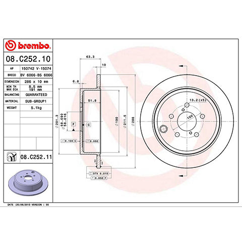 Brembo OEM Equivalent Rear Brake Rotor | 2008-2014 Subaru WRX, 2013-2015 Subaru BRZ, and 2010-2014 Subaru Legacy (08.C252.11)