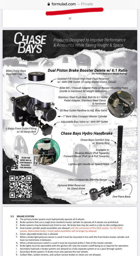 Chase Bays Dual Piston Brake Booster Delete with Bolt-On 6:1 Pedal Ratio | (CB-DBBE-U)