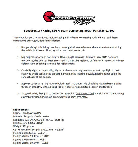SpeedFactory Racing K24 Forged Steel H-Beam Connecting Rods | 2004-2008 Acura TSX, 2003-2005 Honda Accord and 2003-2011 Honda Element (SF-02-107)