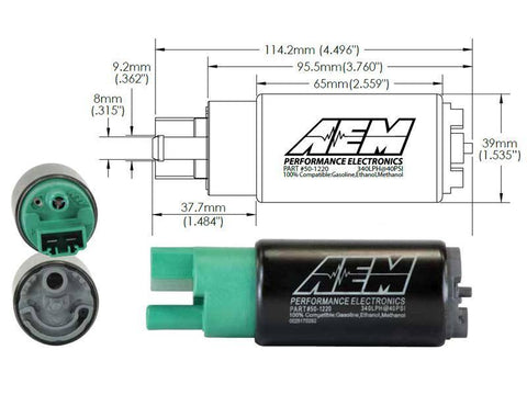 AEM E85 High Flow In-Tank Fuel Pump - 340LPH (65mm, Offset Inlet) (50-1220)