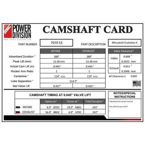 GSC Power-Division Billet S3 Camshafts | 2008-2015 Mitsubishi Evo X (7010S3)