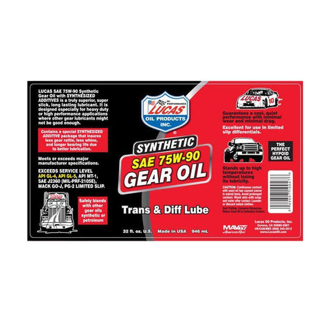 Lucas Oil Synthetic SAE 75W-90 Gear Oil - 1 Quart (10047)