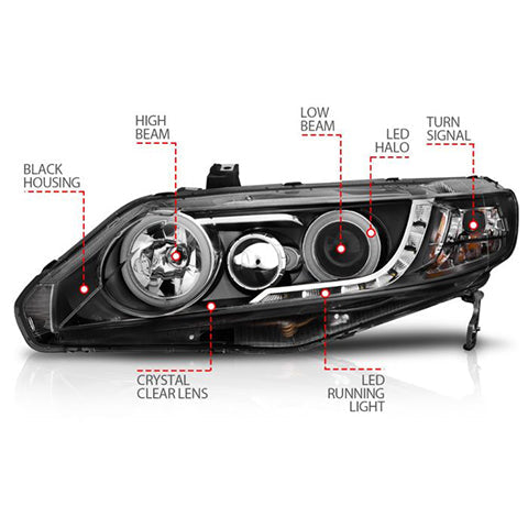 ANZO Black Projector Headlights with Halo | 2006-2011 Honda Civic 4DR (121454)