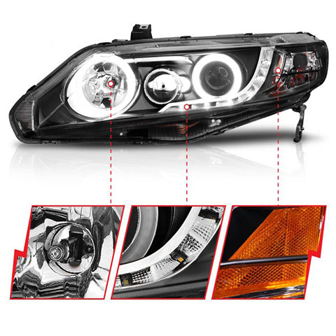 ANZO Black Projector Headlights with Halo | 2006-2011 Honda Civic 4DR (121454)