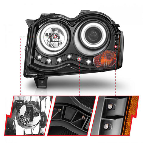 ANZO Black Projector Headlights w/ RX Halo | 2008-2010 Jeep Grand Cherokee (111213)