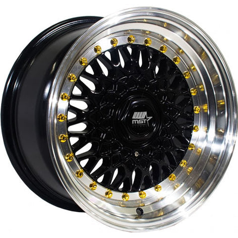 MST Wheels MT13 Black w/ Machined Lip and Gold Rivets 16x8 | 5x100/5x114.3 (13-6817-20-BKGL)