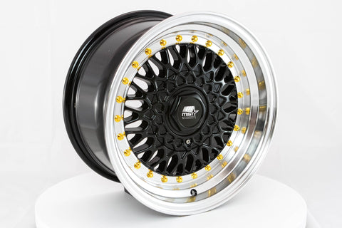 MST MT13 Series 15x8.0 4x100/4x114.3 Offset 20 Black w/Machined Lip Gold Rivets Wheel (13-5816-20-BKGL)