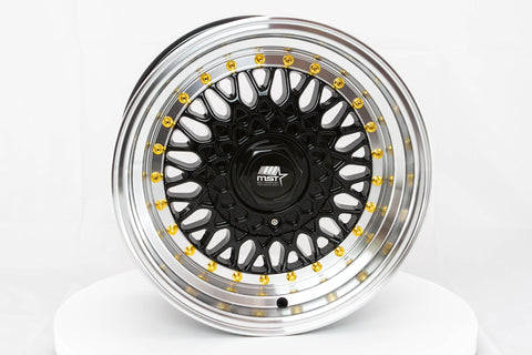 MST MT13 Series 15x8.0 4x100/4x114.3 Offset 20 Black w/Machined Lip Gold Rivets Wheel (13-5816-20-BKGL)