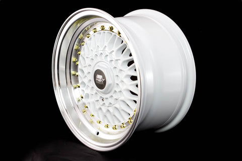 MST MT13 Series 15x8.0 4x100/4x114.3 Offset 20 White w/Machined Lip Gold Rivets Wheel (13-5816-20-WTGL)