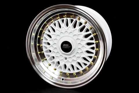 MST MT13 Series 15x8.0 4x100/4x114.3 Offset 20 White w/Machined Lip Gold Rivets Wheel (13-5816-20-WTGL)