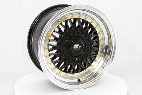 MST Wheels MT13 Black w/ Machined Lip and Gold Rivets 15x8 | 4x100/4x108 (13-5881-20-BKGL)