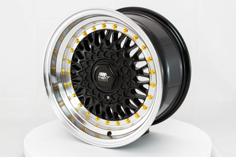MST MT13 Series 15x8.0 4x100/4x108 Offset 20 Black w/Machined Lip Gold Rivets Wheel (13-5881-20-BKGL)