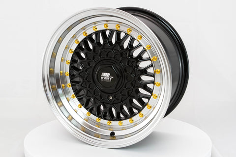 MST MT13 Series 15x8.0 4x100/4x108 Offset 20 Black w/Machined Lip Gold Rivets Wheel (13-5881-20-BKGL)