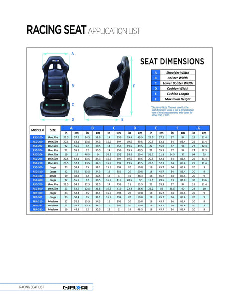 nrg seat size chart