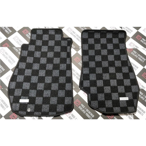 P2M Checkered Flag Race Carpet Floor Mats For Nissan 370Z Z34 - 2-Piece Front Set, Dark Grey