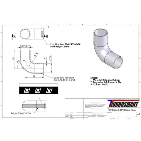 Turbosmart 90deg Elbow 3.00" (TS-HE90300-BE)
