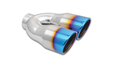 Vibrant 2.5in ID Dual 3.5in OD Round Stainless Steel Exhaust Tips - Single Wall, Angle Cut with Burnt Blue Finish (1326B)